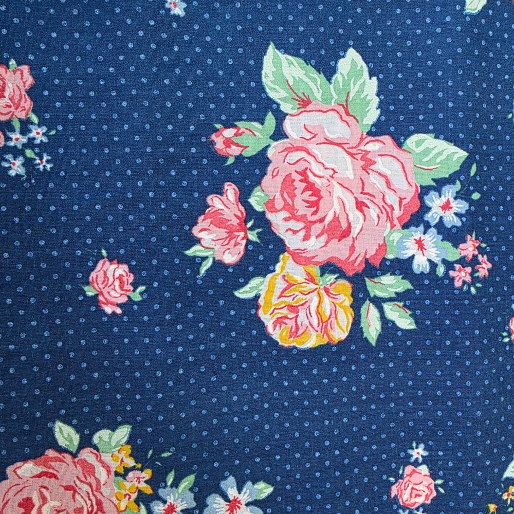 Cotton Fabric Navy Blue Floral Rose Polka Dot 44in x 0.75yd